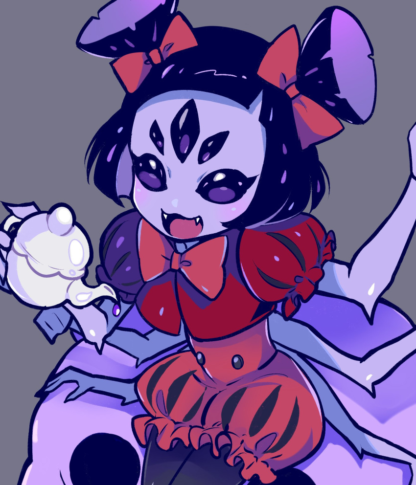 1girl, arthropod_girl, black_background, black_footwear, black_hair, black_sclera, blush, bow