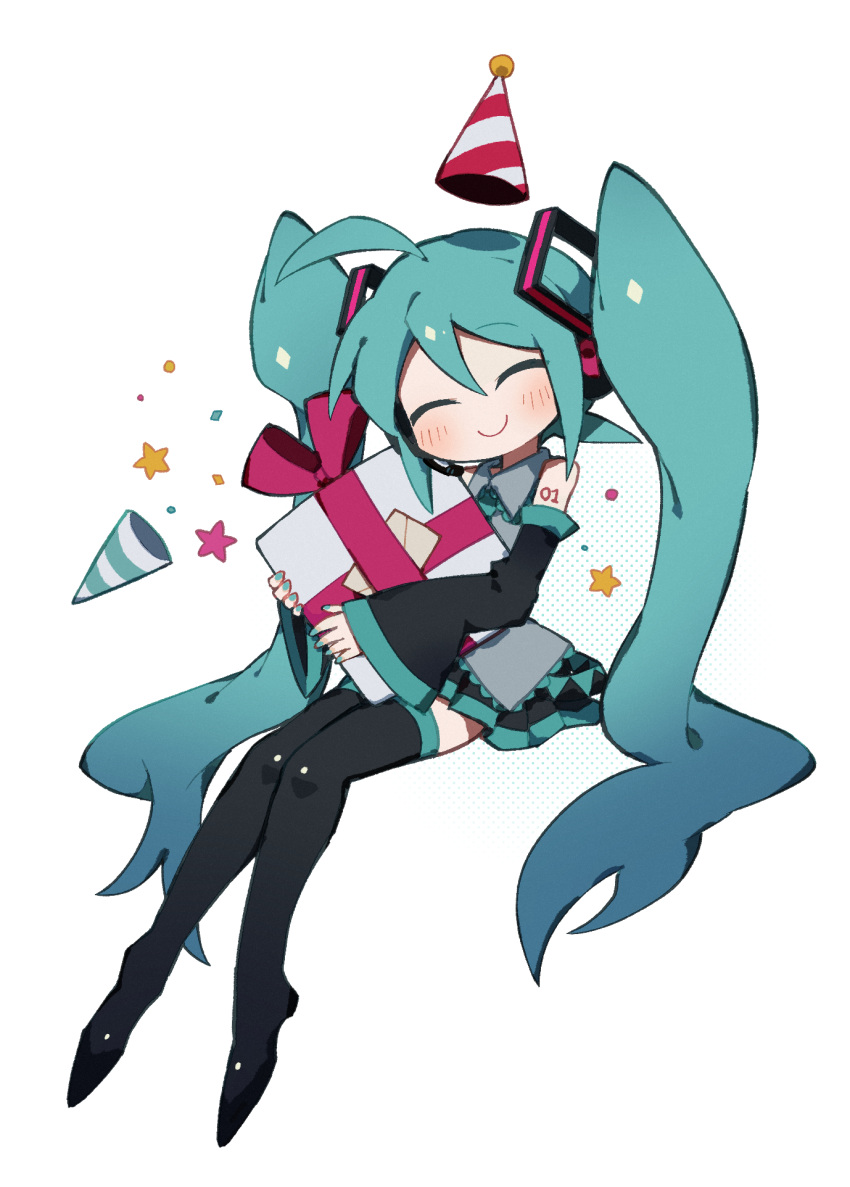 1girl, aqua_hair, bare_shoulders, birthday, blue_hair, blue_nails, blush, boots