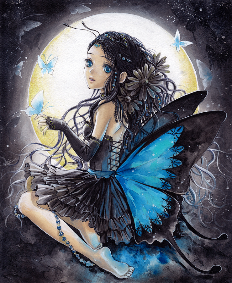 antennae, barefoot, black_hair, blue_eyes, butterfly, butterfly_wings, detached_sleeves, face, feet, flower, frills, gothic, gothic_lolita, lolita_fashion, long_hair, moon, original, solo, toyoda_izumi, traditional_media, watercolor_(medium), wings