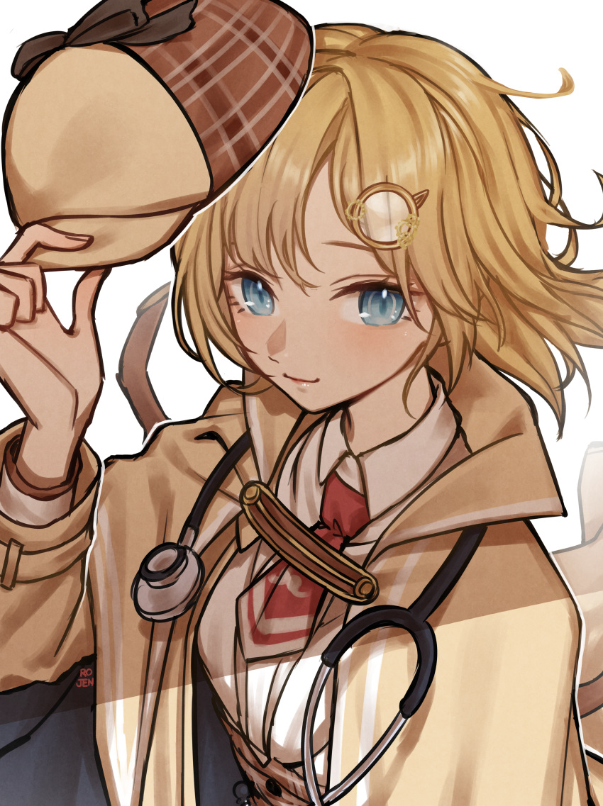 1girl, absurdres, blonde_hair, blue_eyes, brown_hat, hat, highres, holding, holding_hat, holding_unworn_clothes, hololive, looking_at_viewer, necktie, red_necktie, rojen, shirt, short_hair, smile, solo, stethoscope, upper_body, watson_amelia, white_background, white_shirt