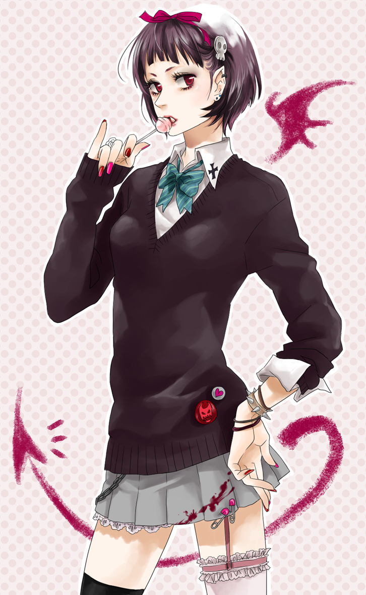 asymmetrical_clothing, bad_id, badge, blood, bow, bracelet, button_badge, buttons