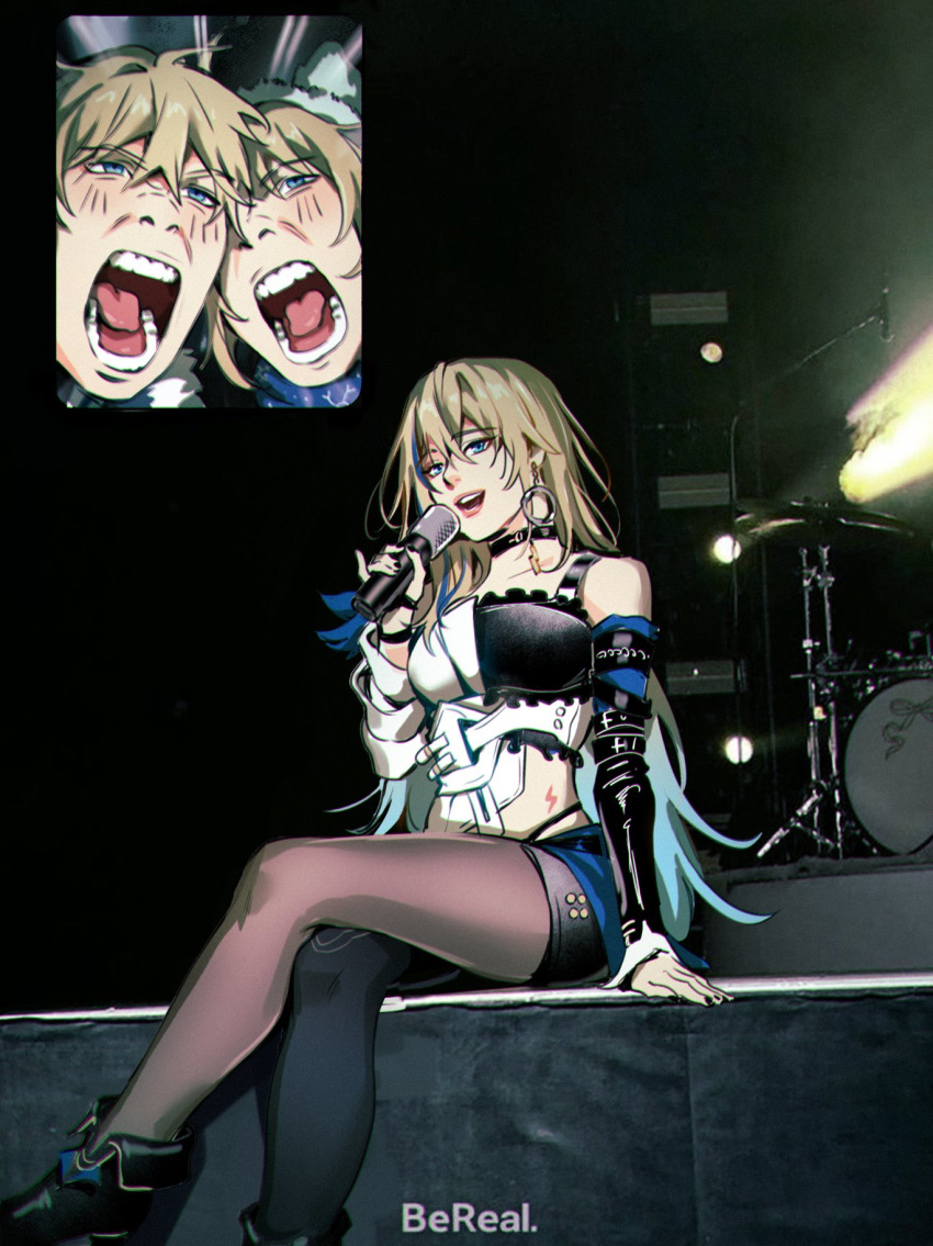 1boy, 2girls, asymmetrical_legwear, beetle_bun, belt, black_belt, black_choker, black_footwear, black_nails, black_pantyhose, black_shorts, black_tank_top, blonde_hair, blue_eyes, blue_hair, blue_skirt, boots, breasts, brother_and_sister, brown_pantyhose, choker, collarbone, crossed_legs, detached_sleeves, drum, drum_set, earrings, fan_screaming_at_madison_beer_(meme), fingernails, frills, fur-trimmed_headwear, fur-trimmed_jacket, fur_trim, gepard_landau, gradient_hair, hair_between_eyes, hand_up, hat, highres, holding, holding_microphone, honkai:_star_rail, honkai_(series), instrument, jacket, jewelry, lightning_bolt_tattoo, lips, long_hair, long_sleeves, looking_at_another, lynx_landau, medium_breasts, meme, microphone, mismatched_legwear, multicolored_hair, multiple_girls, music, nail_polish, open_mouth, pantyhose, screaming, serval_landau, short_hair, short_shorts, shorts, siblings, singing, single_bare_shoulder, sisters, sitting, skirt, smile, stage, stage_lights, streaked_hair, tank_top, teeth, tongue, v-shaped_eyebrows, white_hat, white_jacket