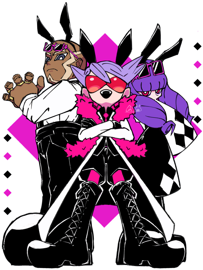 1girl, 2boys, absurdres, alternate_costume, animal_ears, black_footwear, boots, crossed_arms