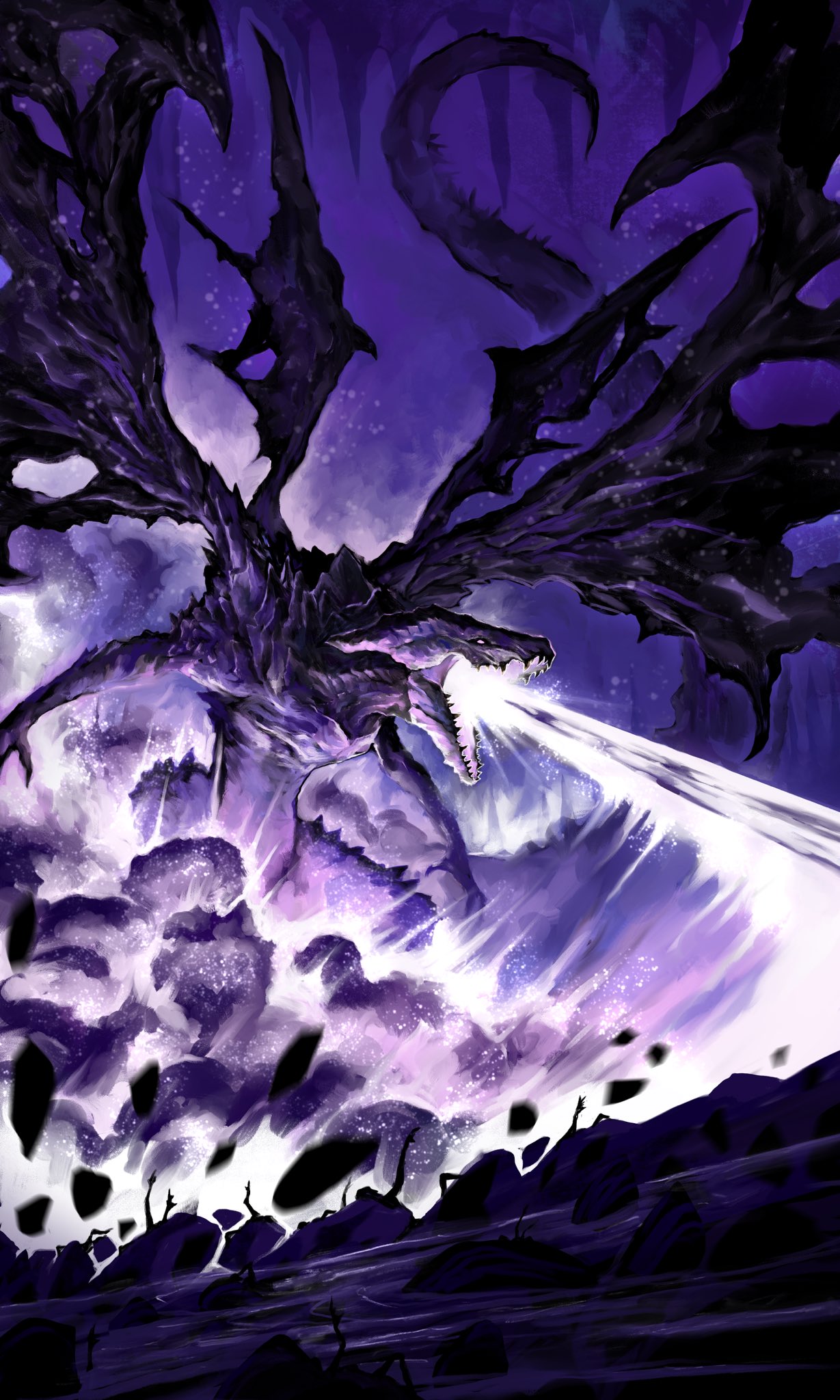 alivewake, dark_souls_(series), dark_souls_iii, darkeater_midir, dragon, dragon_horns, dragon_wings, fantasy, giant, giant_monster, highres, horns, monster, monster_focus, mouth_beam, no_humans, open_mouth, western_dragon, wings