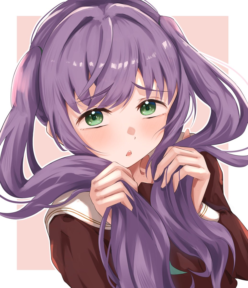1girl, aqua_neckerchief, blush, border, brown_dress, commentary_request, d:, dress