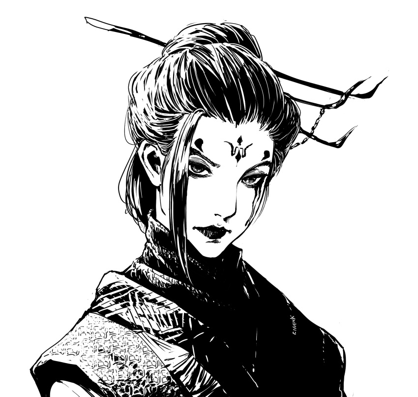 1girl, asymmetrical_bangs, black_hair, black_lips, black_myth:_wukong, chinese_clothes, cirenk, english_commentary