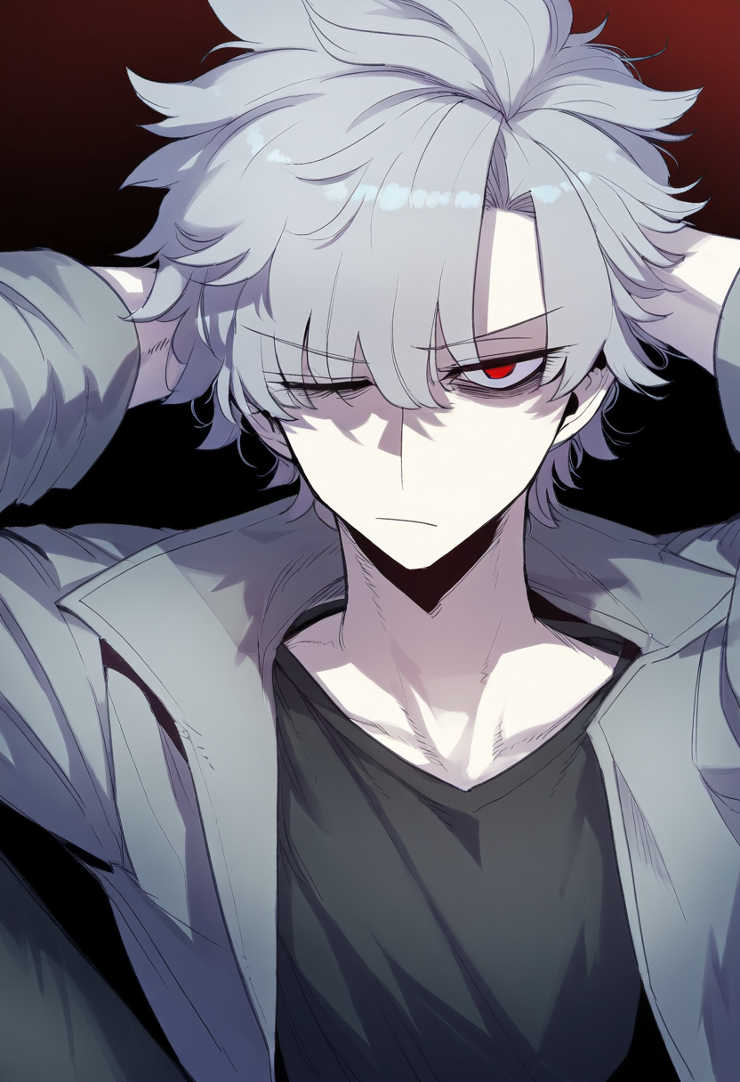 ai-generated, bags_under_eyes, black_shirt, grey_hair, grey_jacket, highres, jacket, looking_at_viewer, messy_hair, non-web_source, open_clothes, original, pale_skin, red_eyes, sharp_chin, shirt, short_hair, solo