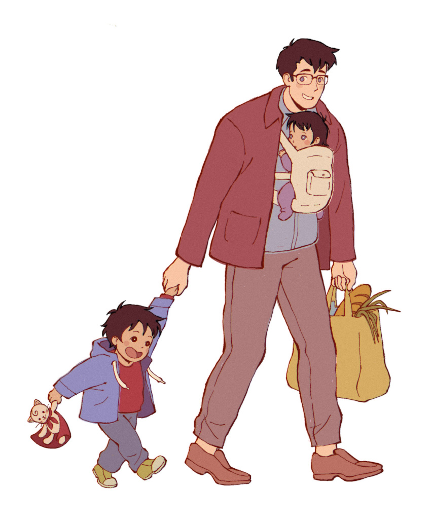 1girl, 2boys, baby, babywearing, bag, baguette, black_hair, blazer