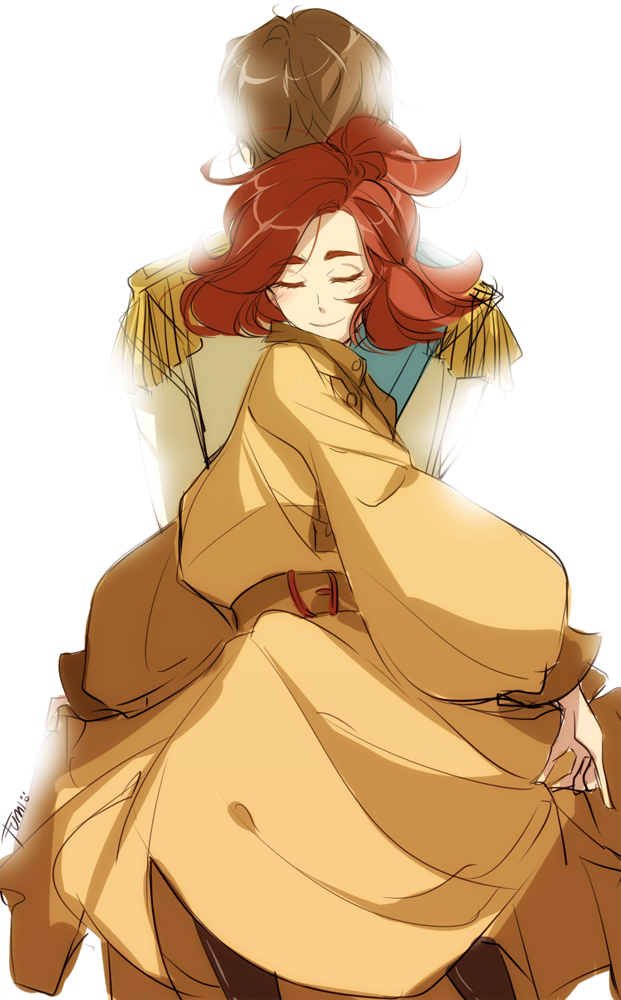 1boy, 1girl, anastasia_(1997), anya_(anastasia), artist_name, blush, brown_hair, closed_eyes, commentary, english_commentary, epaulettes, father_and_daughter, feet_out_of_frame, fumiddition, half_updo, long_sleeves, nicholas_ii_(anastasia), redhead, simple_background, smile, solo, white_background