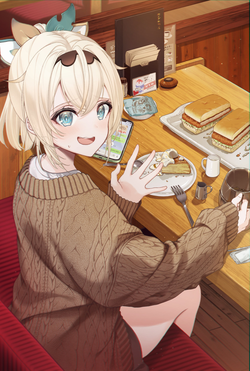 1girl, absurdres, alternate_costume, aran_sweater, black_hairband, blonde_hair, blush, bow