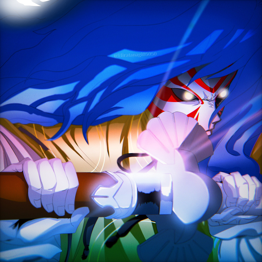 absurdres, black_sclera, blue_hair, blurry_edges, close-up, colored_sclera, colored_skin, facepaint, glowing, glowing_eyes, hakama, highres, hiratanagi05050, holding, holding_weapon, japanese_clothes, katana, long_hair, male_focus, masakado_(megami_tensei), scabbard, sheath, shin_megami_tensei, sword, twitter_username, unsheathing, upper_body, weapon, white_skin, wide_sleeves, yellow_eyes, yellow_hakama