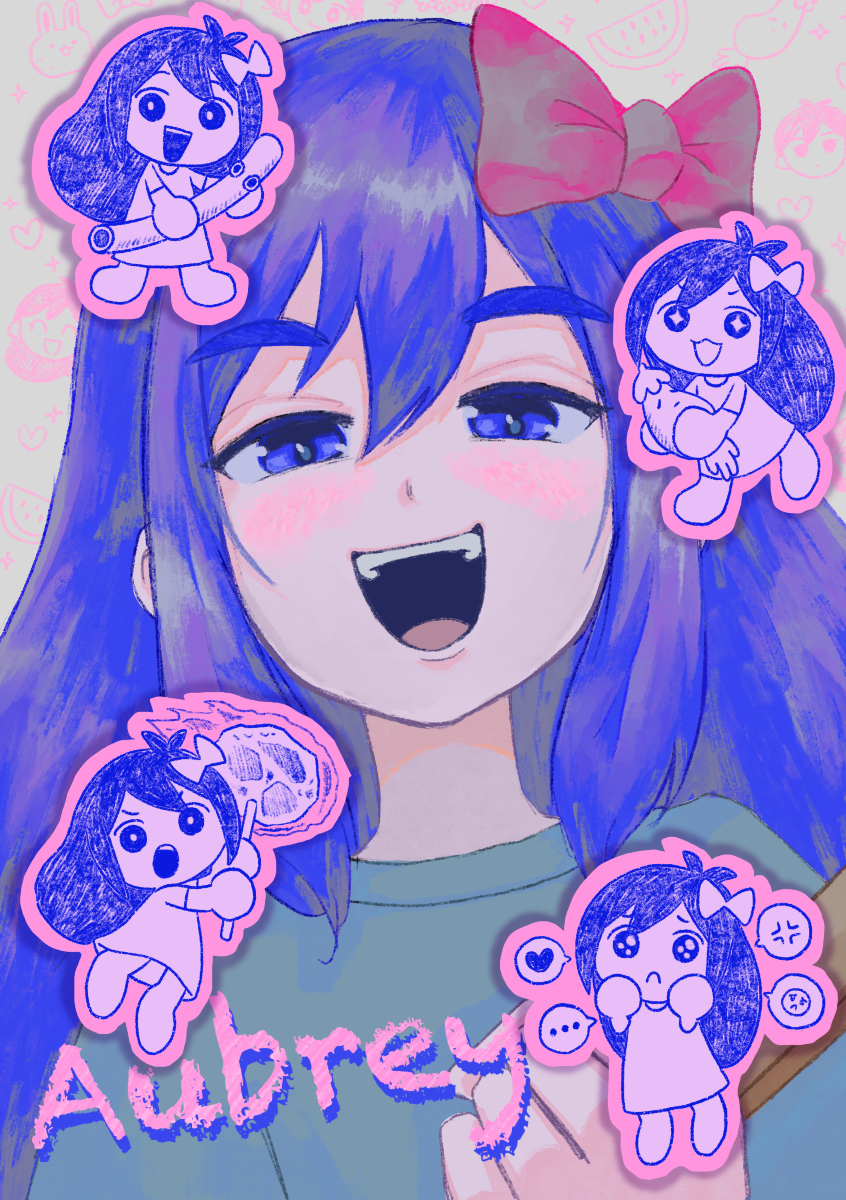 ..., 1girl, anger_vein, aubrey_(headspace)_(omori), aubrey_(omori), blue_shirt, bow, chibi