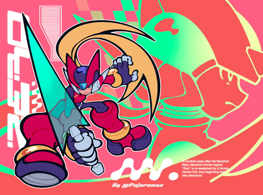 1boy, android, armor, blonde_hair, blue_eyes, energy_sword, english_text, full_body