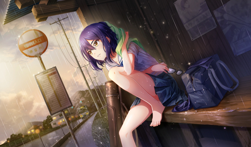 bag, barefoot, bench, black-framed_eyewear, blue_bag, blue_hair, blue_necktie, bus