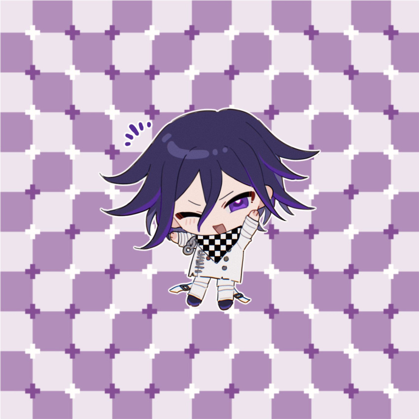 1boy, arms_up, buttons, checkered_clothes, checkered_scarf, chibi, chibi_only, commentary_request, danganronpa_(series), danganronpa_v3:_killing_harmony, flipped_hair, full_body, hair_between_eyes, happy, highres, long_sleeves, looking_at_viewer, male_focus, multicolored_buttons, one_eye_closed, open_mouth, optical_illusion, ouma_kokichi, outline, pants, purple_hair, purple_theme, scarf, short_hair, smile, solo, straitjacket, tujiang6, two-tone_scarf, violet_eyes, white_outline