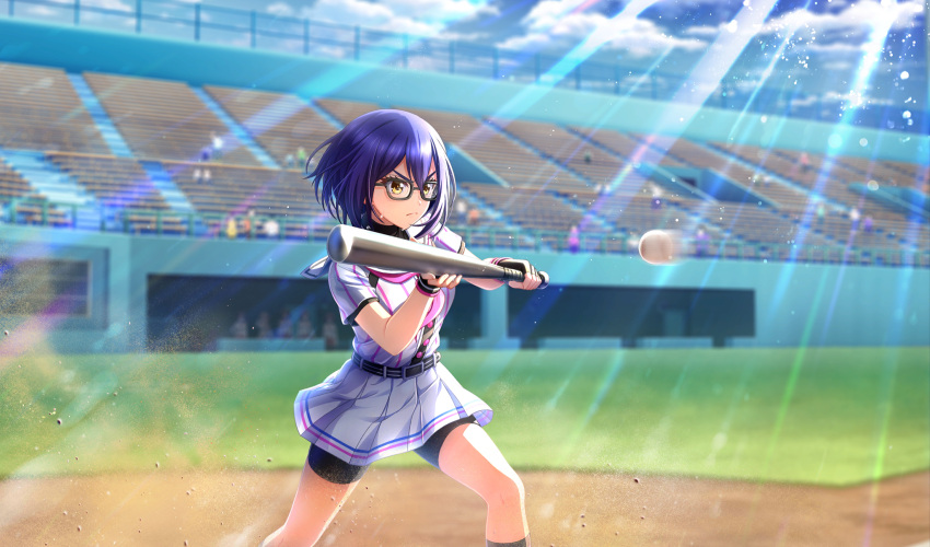 1girl, baseball, baseball_(object), baseball_bat, baseball_stadium, baseball_uniform, batting_stance, belt