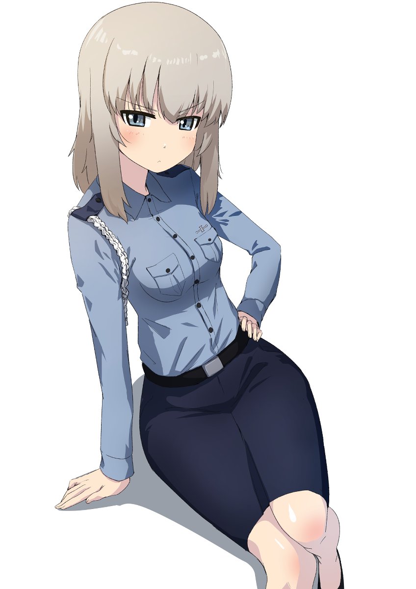 1girl, blonde_hair, blue_eyes, blue_skirt, blush, breasts, buchikaki, closed_mouth, girls_und_panzer, hand_on_own_hip, highres, itsumi_erika, looking_at_viewer, medium_hair, police, police_uniform, policewoman, simple_background, skirt, small_breasts, solo, white_background