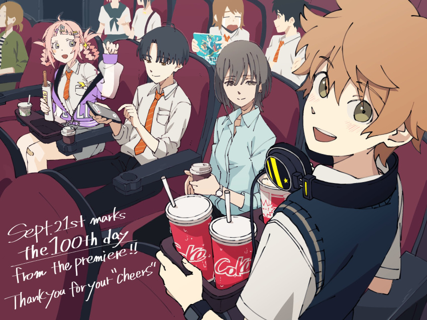 4boys, 5girls, anniversary, asaya_kanata, black_hair, cellphone, cup, disposable_cup