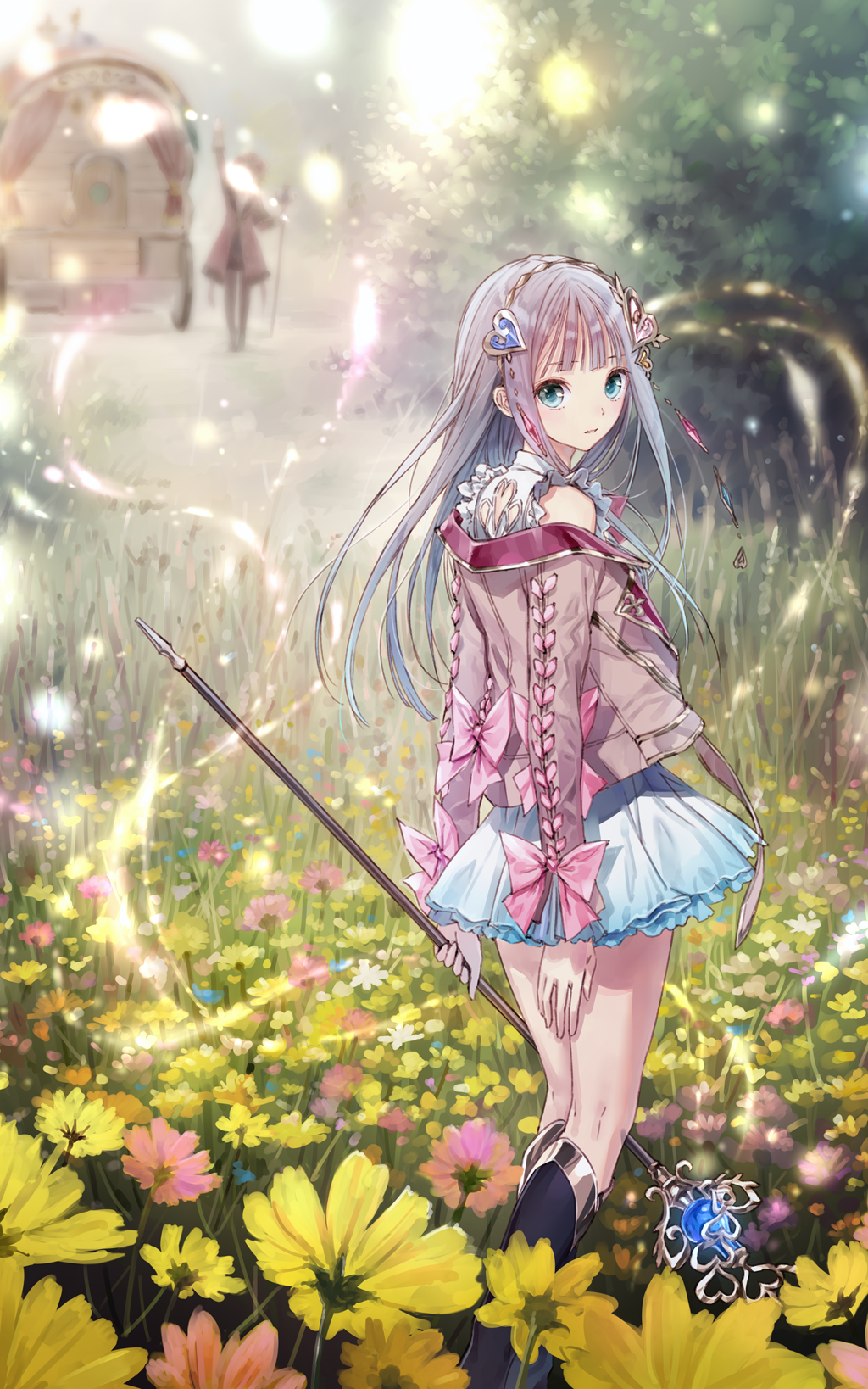 2girls, atelier_(series), atelier_lulua, atelier_resleriana, bare_shoulders, blunt_bangs, boots, elmerulia_frixell, field, flower, flower_field, green_eyes, grey_hair, hairband, highres, jacket, key_visual, kishida_mel, knee_boots, long_hair, long_sleeves, looking_at_viewer, looking_back, miniskirt, multiple_girls, non-web_source, official_art, outdoors, promotional_art, rorolina_frixell, skirt, staff, wagon, white_skirt