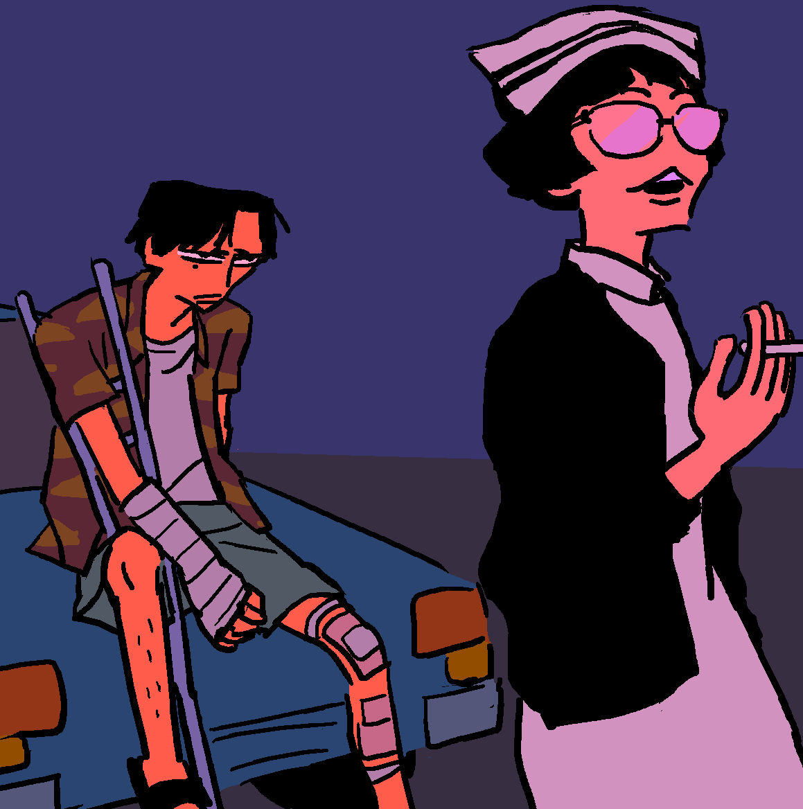 1boy, 1girl, :3, adrenaline_drive, ao9hp, arm_cast, bandaged_leg, bandages