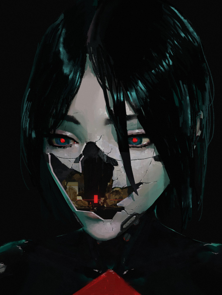 1girl, absurdres, android, black_background, black_hair, blue_eyes, colored_skin, crack