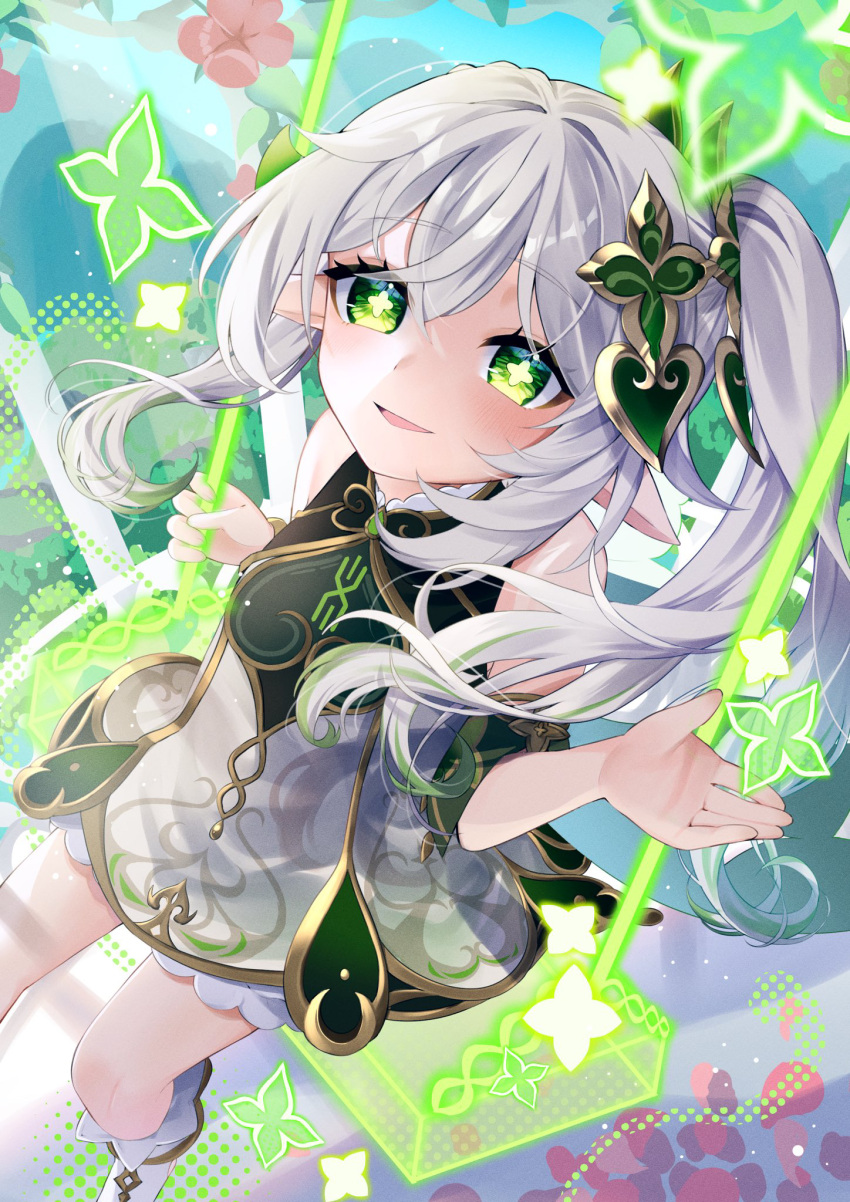 1girl, bare_shoulders, bloomers, commentary_request, detached_sleeves, dress, flower, foot_out_of_frame