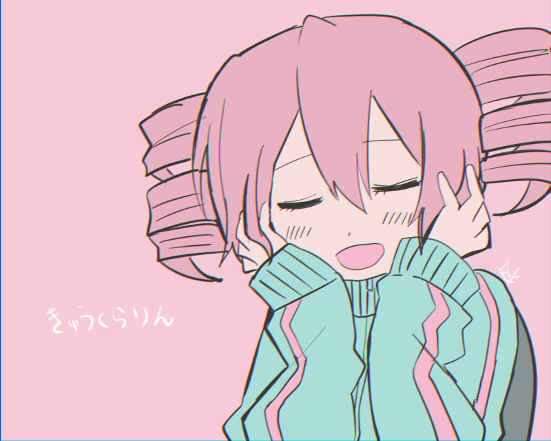 1girl, alternate_costume, aqua_jacket, backpack, bag, blush, closed_eyes, cosplay