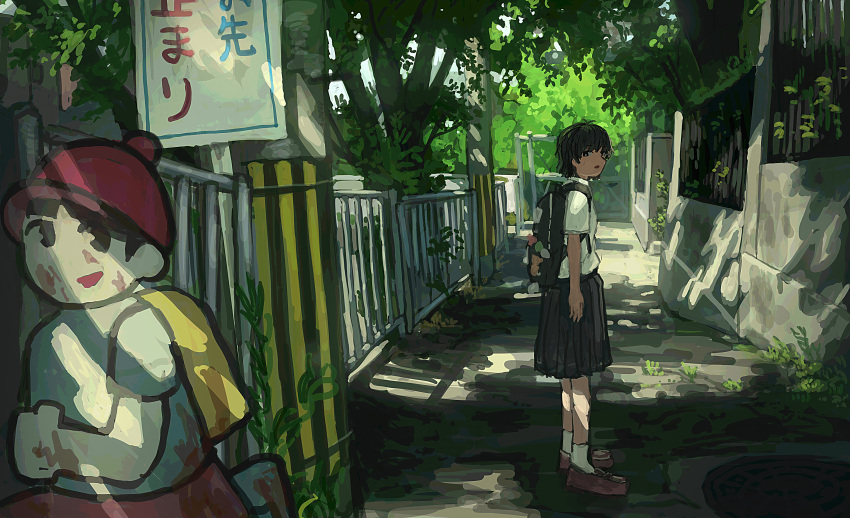 1girl, absurdres, anko1127, backpack, bag, black_bag, black_eyes, black_hair