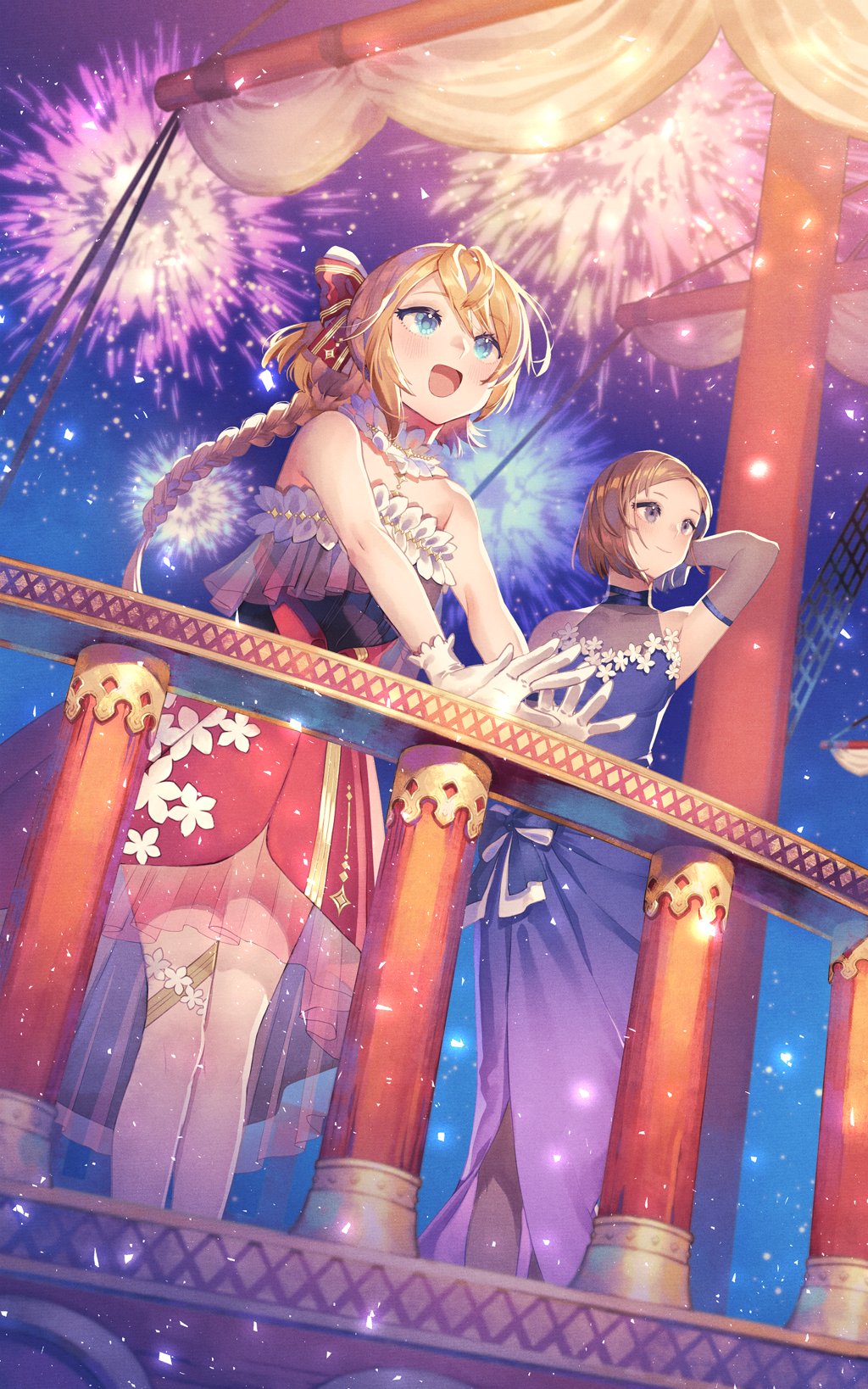 2girls, :d, arm_behind_head, atelier_(series), atelier_resleriana, atelier_rorona, bare_shoulders, blonde_hair