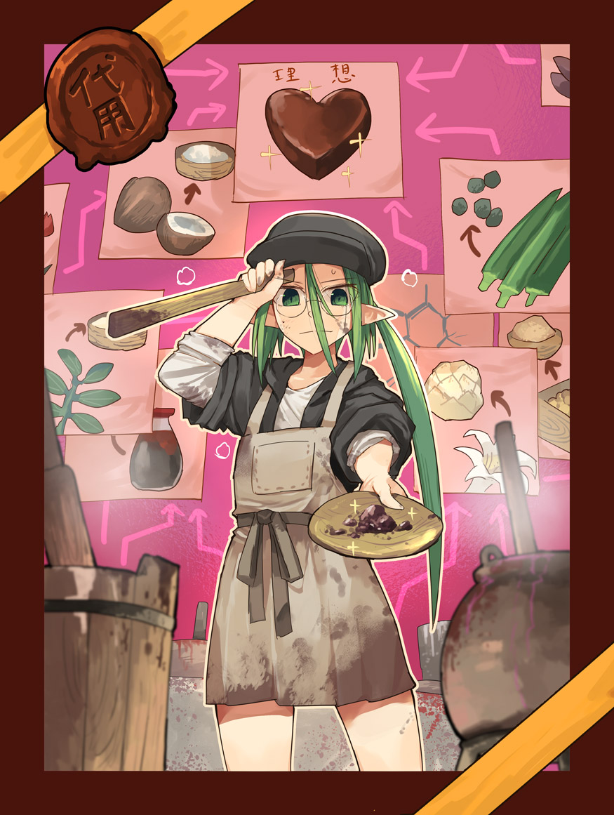 1girl, apron, candy, chocolate, coconut, cooking, cooking_pot, elf