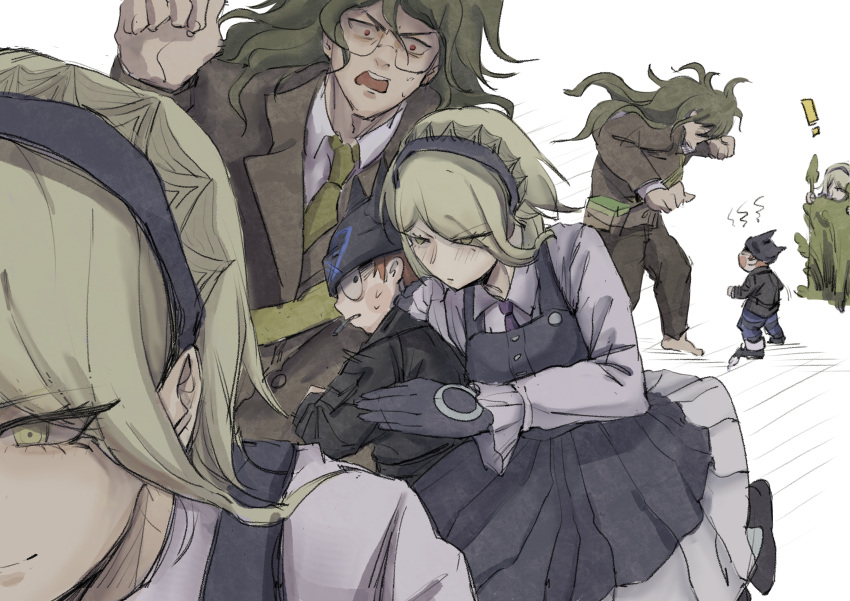 !, 1girl, 2boys, absurdres, barefoot, beanie, black_dress, black_eyes