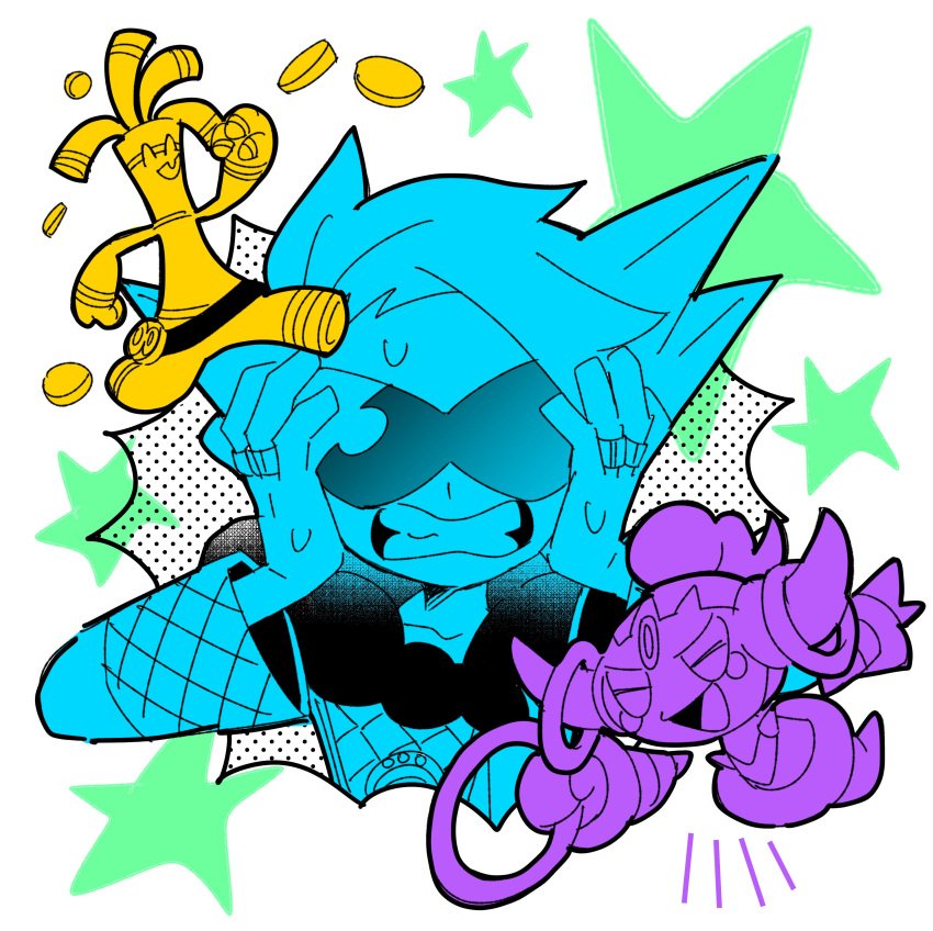 1boy, absurdres, gholdengo, hands_on_own_face, highres, hoopa, hoopa_(confined), horns, jewelry, k_lisl, lear_(pokemon), lear_(sygna_suit)_(pokemon), male_focus, multiple_rings, official_alternate_costume, pokemon, pokemon_(creature), pokemon_masters_ex, ring, smile, star_(symbol), sweat, teeth