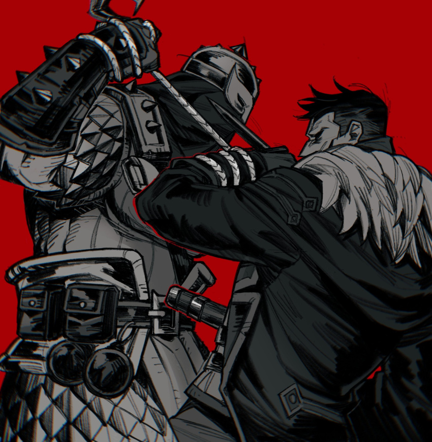 2boys, armor, armored_gloves, arms_up, belt, belt_buckle, black_gloves, bound
