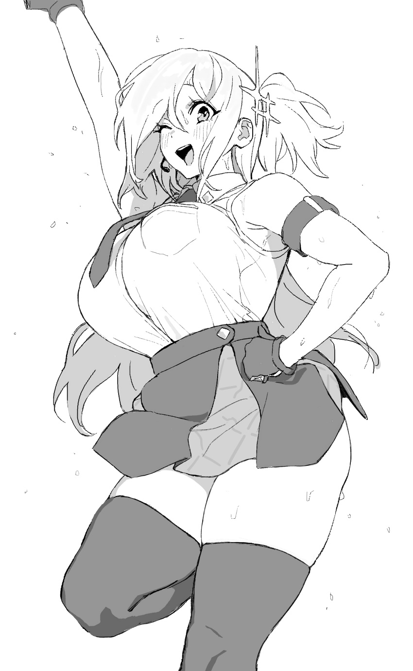 :d, absurdres, arm_strap, arm_up, bare_shoulders, blush, breasts, dot_nose