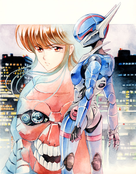 agahari, brown_hair, bubblegum_crisis, city, cyberpunk, hardsuit, long_hair, mecha, oldschool, paint_(medium), power_armor, priscilla_asagiri, priss_asagiri, red_eyes, robot, science_fiction, traditional_media