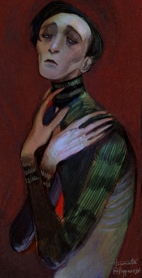 1boy, abstract_background, bags_under_eyes, black_hair, cesare_(caligari), cesare_the_somnambulist, cheekbones, closed_mouth
