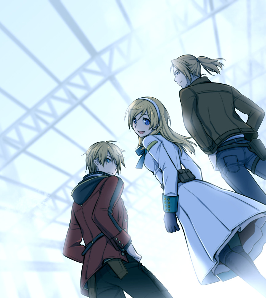 1girl, 2boys, belt, botamochi_usagi, brown_jacket, dress, end_of_eternity, eoe