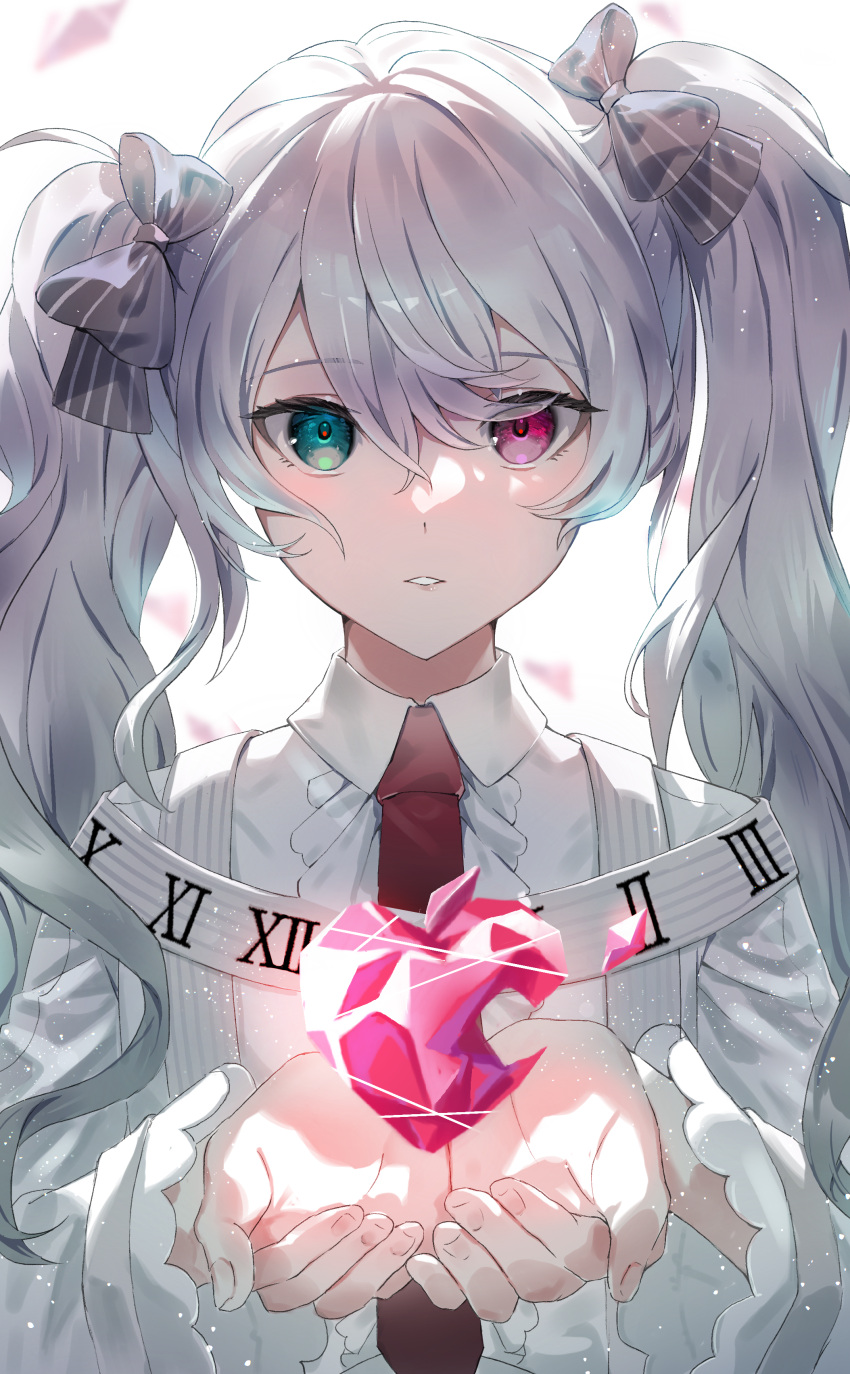 1girl, 25-ji_miku, absurdres, broken_heart, center_frills, collared_dress, commentary_request, dress, floating, floating_object, frilled_dress, frilled_sleeves, frills, glowing_gem, green_eyes, grey_hair, hatsune_miku, heart, heart-shaped_gem, heterochromia, highres, light_particles, long_hair, looking_at_viewer, necktie, palms_together, parted_lips, pink_eyes, pink_gemstone, project_sekai, red_necktie, shirushi_06, sidelocks, solo, suspenders, swept_bangs, twintails, upper_body, vocaloid, white_dress
