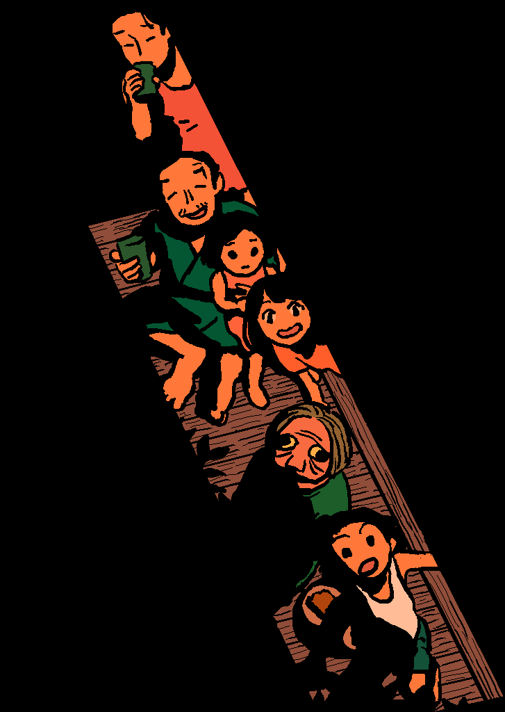 2boys, 4girls, ao9hp, barefoot, black_eyes, black_hair, closed_eyes, crack_of_light, cup, dress, drinking, facial_hair, facing_up, family, from_above, green_robe, green_shirt, green_shorts, grey_hair, holding, holding_cup, looking_up, manbiki_kazoku, multiple_boys, multiple_girls, night, old, old_woman, on_floor, open_mouth, outdoors, pink_dress, pink_shirt, robe, shibata_aki, shibata_hatsue, shibata_nobuyo, shibata_osamu, shibata_shouta, shirt, short_hair, shorts, sitting, smile, solid_circle_eyes, stubble, tank_top, veranda, wall-eyed, white_tank_top, yuri_(manbiki_kazoku)