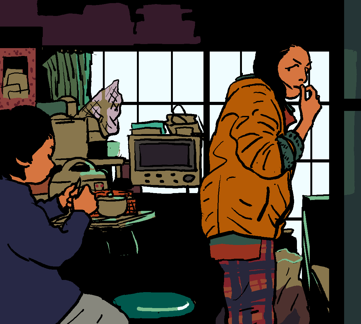 1boy, 1girl, ao9hp, black_eyes, black_hair, blue_shirt, frown, grey_pants, hand_to_own_mouth, house, indoors, jacket, kitchen, layered_clothes, long_sleeves, looking_at_another, looking_back, manbiki_kazoku, medium_hair, microwave, orange_jacket, pants, plaid_clothes, plaid_pants, red_pants, rice_cooker, shibata_nobuyo, shibata_shouta, shirt, short_hair, shouji, sitting, sliding_doors, standing, stool, table, v-shaped_eyebrows