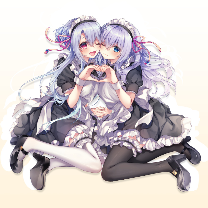 2girls, ;d, alternate_costume, amatsuji, apron, black_footwear, black_skirt, black_thighhighs