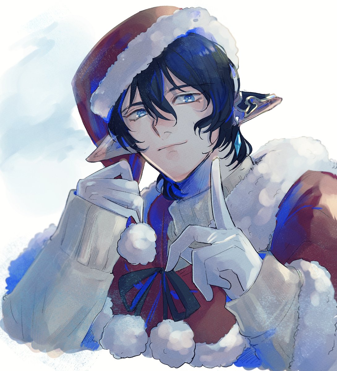 1boy, arm_up, aymeric_de_borel, black_hair, black_ribbon, blue_eyes, capelet, commentary_request, cropped_torso, elezen, elf, final_fantasy, final_fantasy_xiv, gloves, hair_between_eyes, hat, highres, index_finger_raised, long_sleeves, male_focus, momi_(erumo), neck_ribbon, pointy_ears, pom_pom_(clothes), red_capelet, ribbon, santa_hat, shirt, sleeves_past_wrists, smile, solo, turtleneck, upper_body, white_background, white_gloves, white_shirt