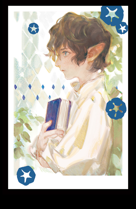 1boy, aged_down, arms_up, aymeric_de_borel, black_hair, blue_book, book, closed_mouth