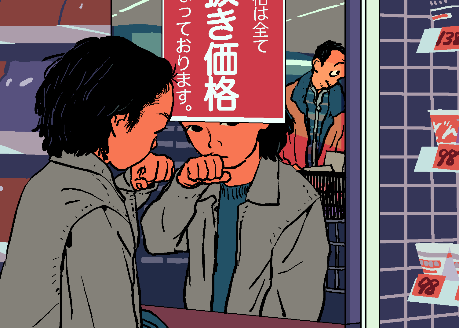 2boys, ao9hp, beard_stubble, black_eyes, black_hair, blue_sweater, clenched_hand, commentary_request