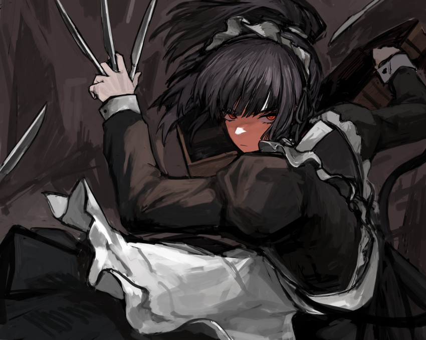 1girl, apron, arm_up, badnick69_(camchi), bag, black_dress, black_hair, cowboy_shot