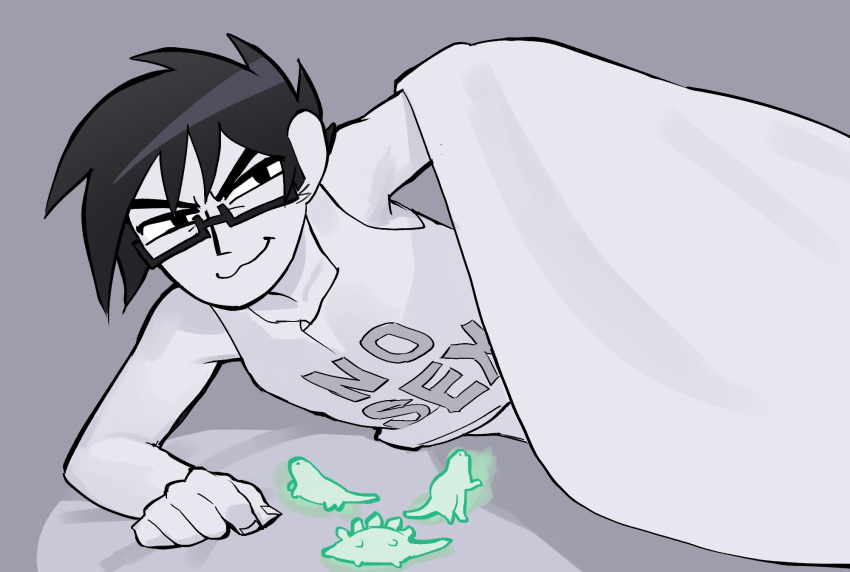 1boy, :3, alternate_clothes_writing, blanket, bnm6517, clothes_writing, come_under_the_blanket_(meme), dinosaur