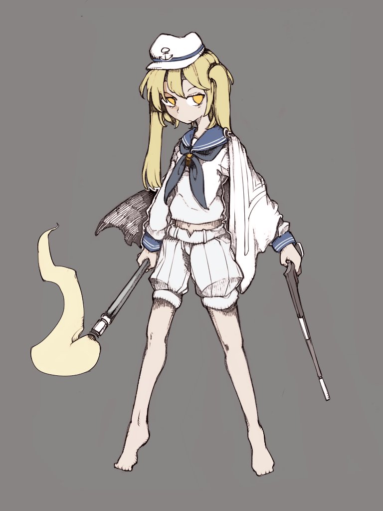 1girl, anchor_print, bare_legs, barefoot, belt, blue_neckerchief, blue_sailor_collar, bolos