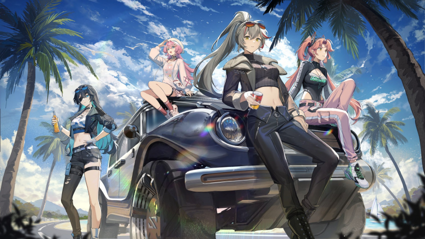 4girls, black_hair, blue_hair, car, eos_(trigger_of_fate_the_novita), grey_hair, hand_up, highres