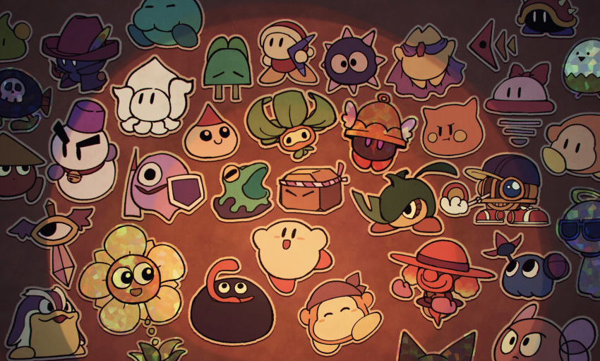 bandana_waddle_dee, black_eyes, blush_stickers, bronto_burt, brown_background, character_request, chilly_(kirby), clown_acrobot, flat_color, gooey_(kirby), highres, kirby, kirby_(series), long_tongue, no_humans, open_mouth, outline, paper_mario, parody, scarfy, smile, solid_oval_eyes, spotlight, style_parody, super_mario_bros., suyasuyabi, tongue, waddle_dee, white_outline