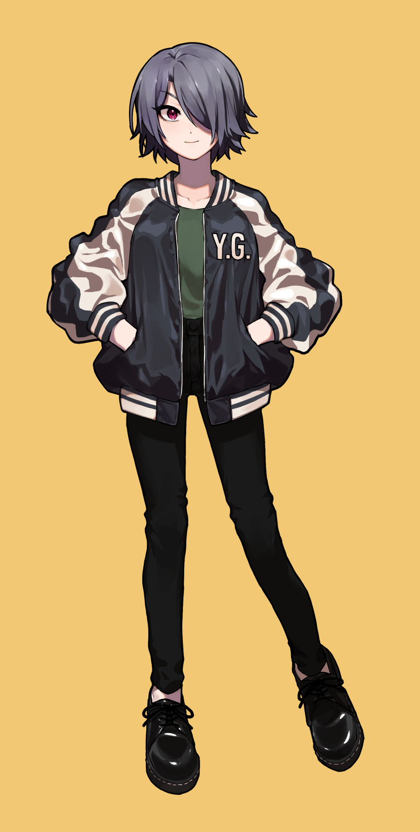 1girl, absurdres, black_footwear, black_pants, collarbone, commentary, full_body, green_shirt